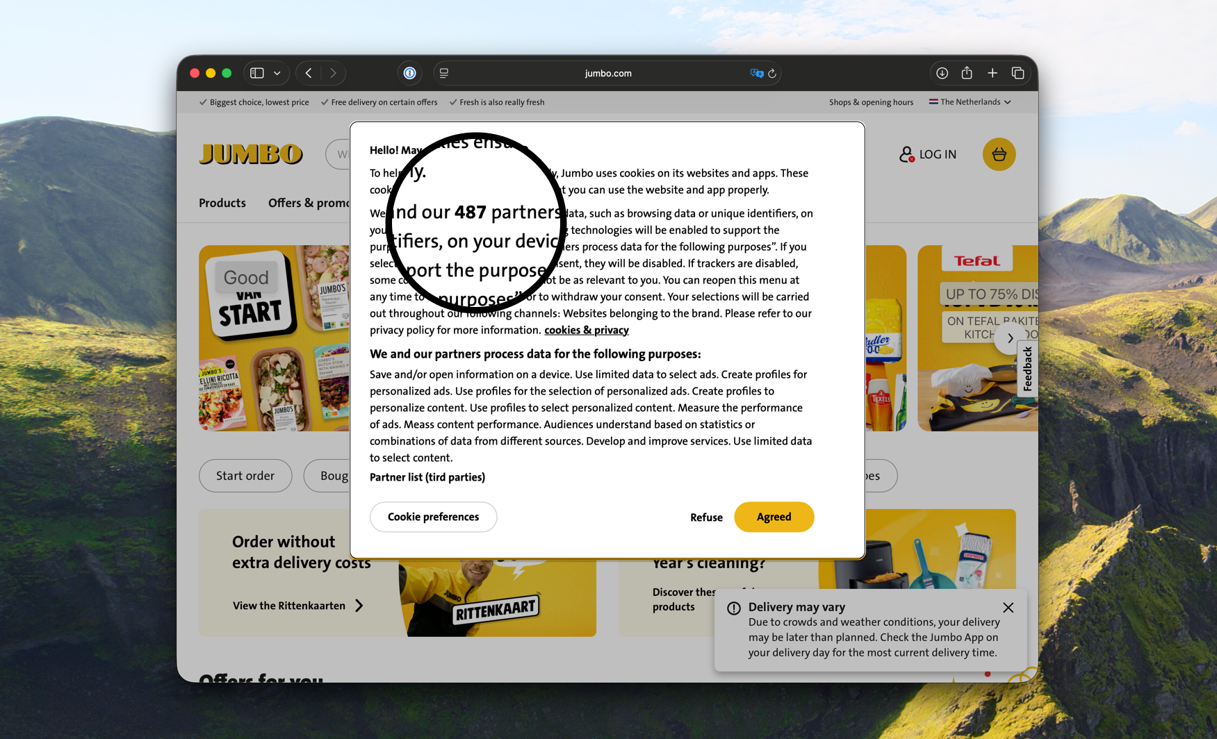 A Dutch supermarket’s cookie consent dialog, listing hundreds of third-party partners that receive user data.