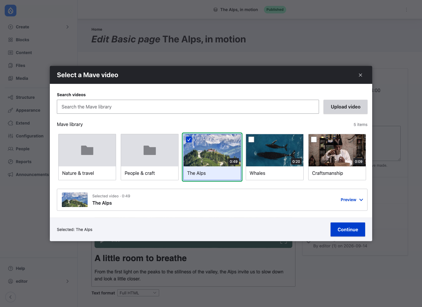 The Mave video library inside Drupal, with folders, video thumbnails and The Alps selected.